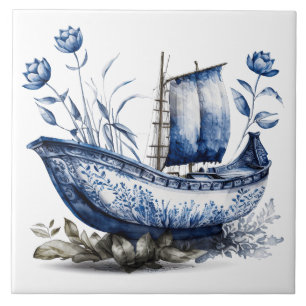 Blue Chinoiserie Floral Sailboat Tile