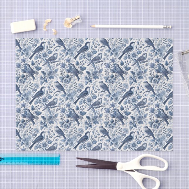 Blue Chinoiserie Floral Spring Birds Decoupage Tissue Paper (Craft)