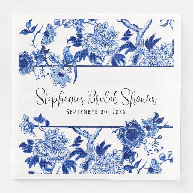 Blue Chinoiserie Floral Watercolor Bridal Shower   Napkin (Front)