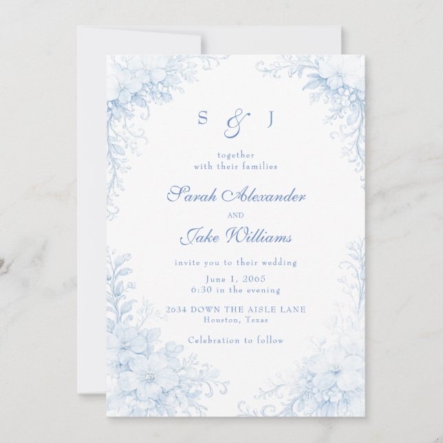 Blue Chinoiserie Floral Wedding Invitation (Front)