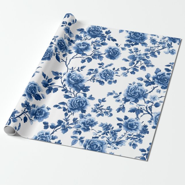 Blue Chinoiserie Floral Wrapping Paper (Unrolled)