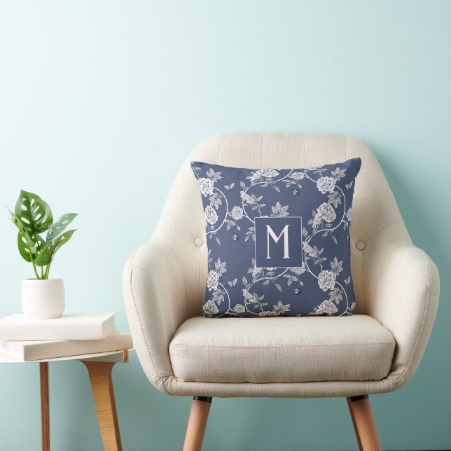 Blue Chinoiserie Flowers Monogram Throw Pillow (Chair)