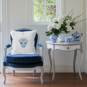 Blue Chinoiserie Hydrangea Grandmillennial  Throw Pillow
