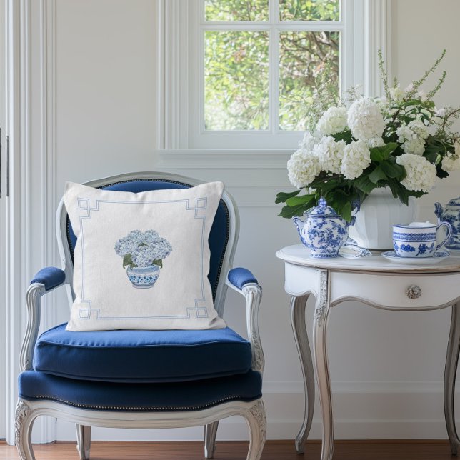 Blue Chinoiserie Hydrangea Grandmillennial  Throw Pillow (Creator Uploaded)