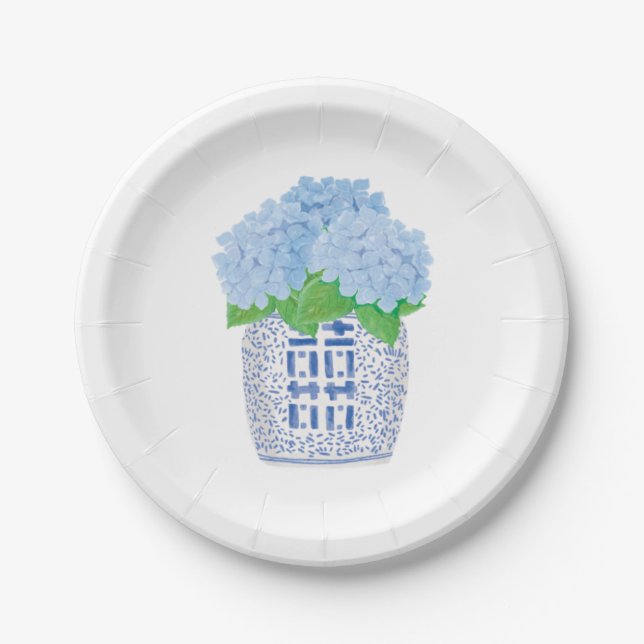 Blue Chinoiserie Hydrangea Paper Party Plate (Front)