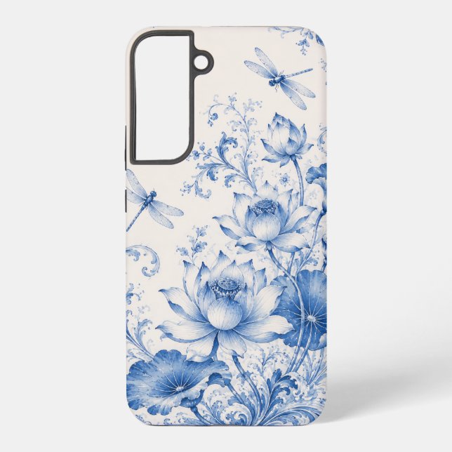 Blue Chinoiserie Lotus Dragonfly Phone Case (Back)