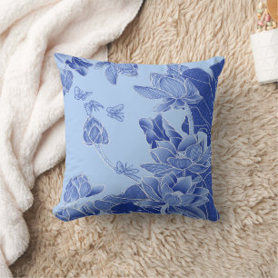 Blue Chinoiserie Lotus Mandala Bloom Caption Throw Pillow