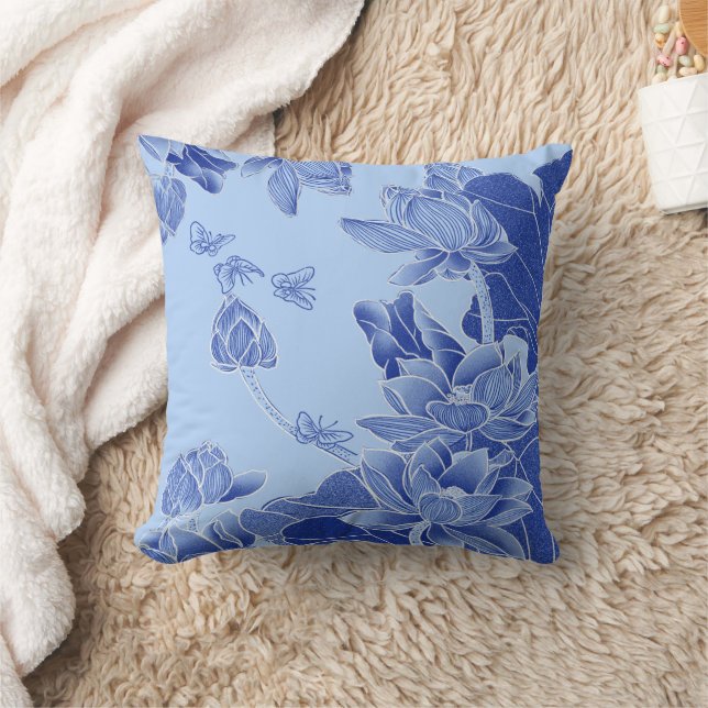 Blue Chinoiserie Lotus Mandala Bloom Caption Throw Pillow (Blanket)