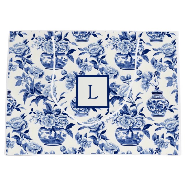 Blue Chinoiserie Monogram  Large Gift Bag (Front)