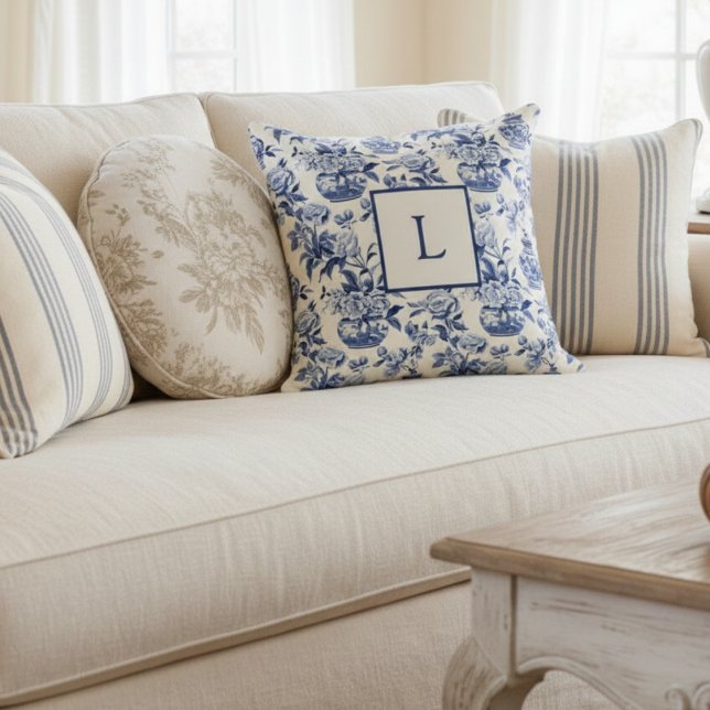 Blue Chinoiserie Monogram Throw Pillow (Creator Uploaded)