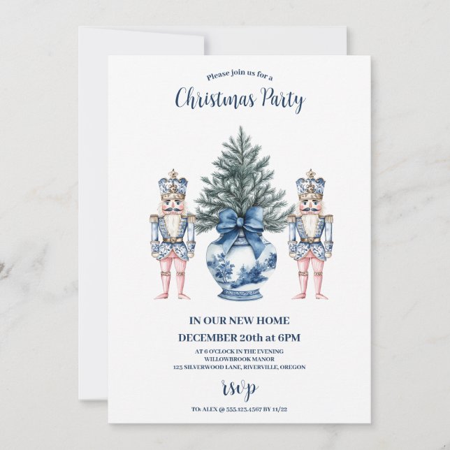 Blue Chinoiserie Nutcracker Christmas Invitation (Front)