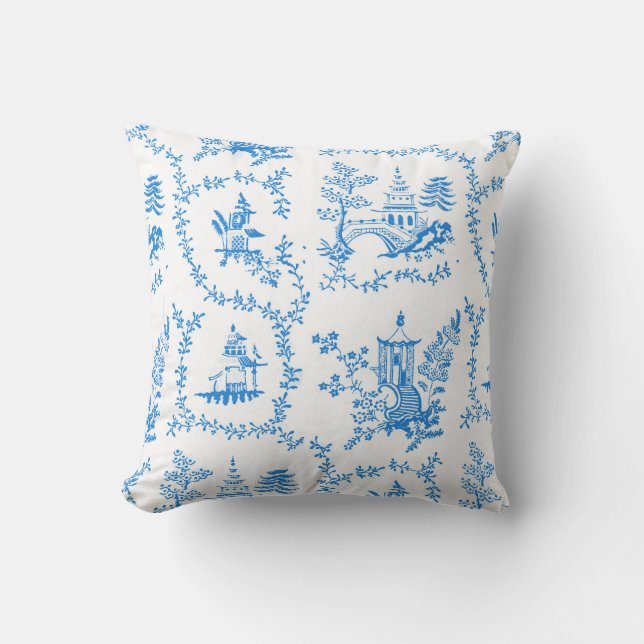 Blue Chinoiserie Pagoda Throw Pillow (Front)