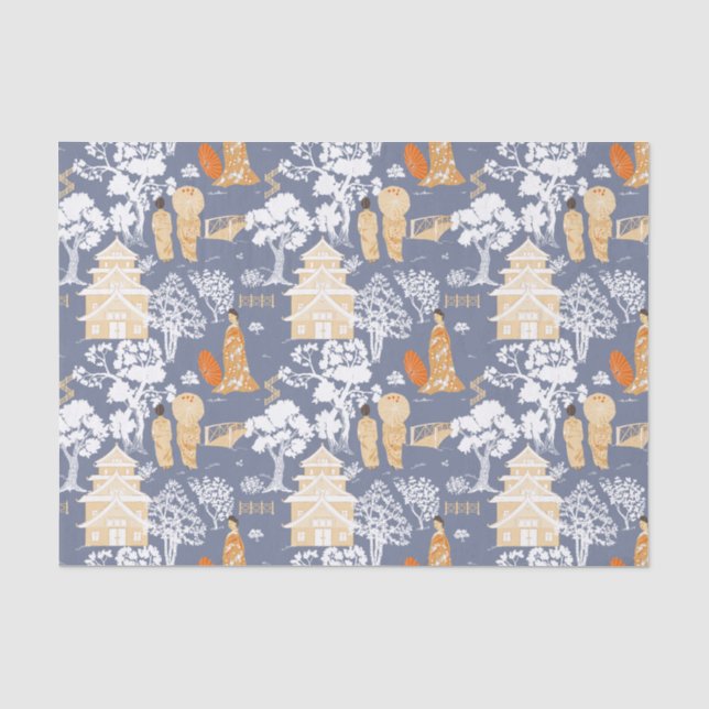 Blue Chinoiserie Pagodas Tissue Paper (Front)