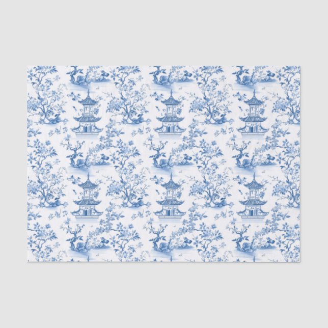 Blue Chinoiserie Pagodas Toile Tissue Paper (Front)