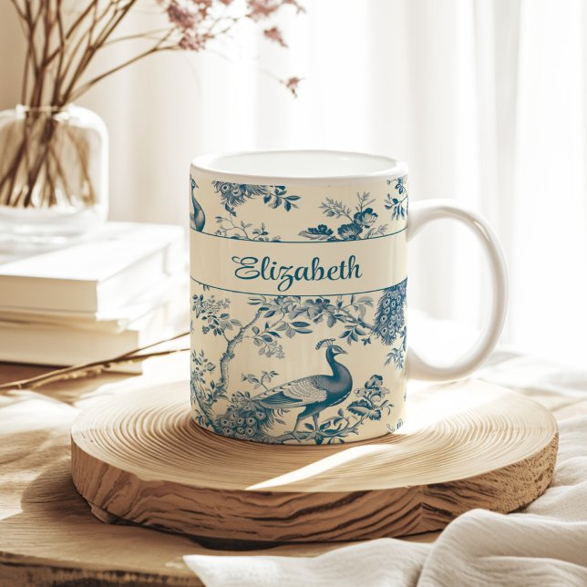 Blue Chinoiserie Peacock Custom Name Coffee Mug (Blue Chinoiserie Peacock Custom Name Coffee Mug on a sunny neutral boho kitchen table.)