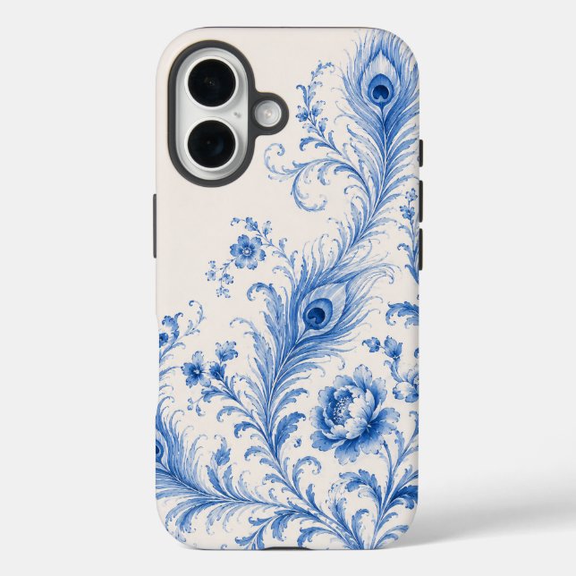 Blue Chinoiserie Peacock Feather Phone Case (Back)
