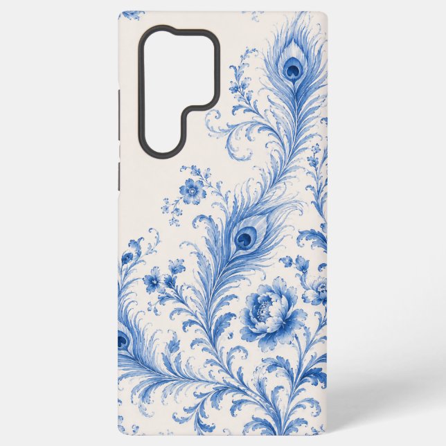 Blue Chinoiserie Peacock Feather Phone Case (Back)