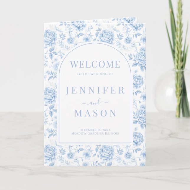 Blue Chinoiserie Porcelain Floral Wedding foldable Program (Front)