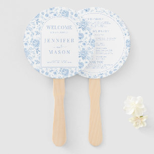 Blue Chinoiserie Porcelain Floral Wedding Program Hand Fan