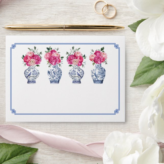 Blue Chinoiserie Porcelain Pink Peonies Wedding Envelope (Wedding)