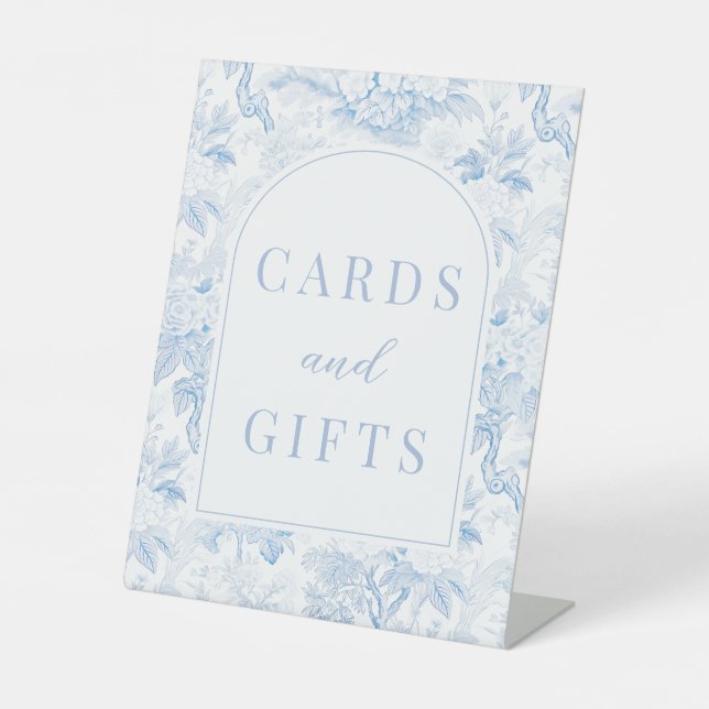 Blue chinoiserie porcelain wedding cards and gifts pedestal sign (Front)