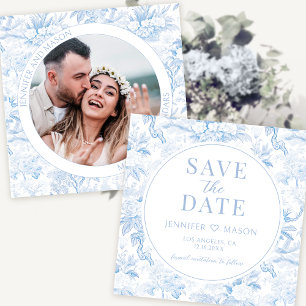 Blue chinoiserie Save the Date photo invitation
