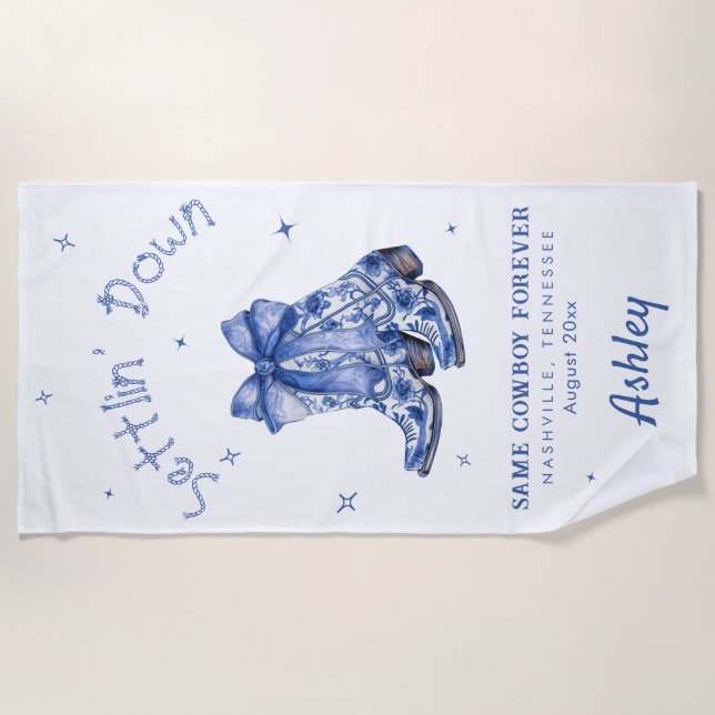 Blue Chinoiserie Settlin Down Bachelorette Party  Beach Towel (Front)