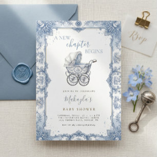 Blue Chinoiserie Toile Baby Carriage Baby Shower Invitation