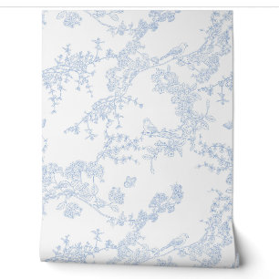 Blue Chinoiserie Toile de Jouy Birds Floral Garden Wallpaper