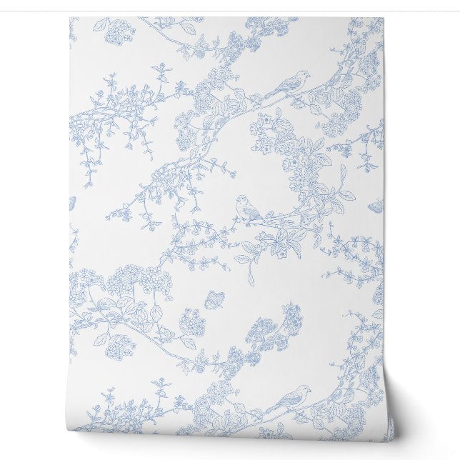 Blue Chinoiserie Toile de Jouy Birds Floral Garden Wallpaper (Unrolling)