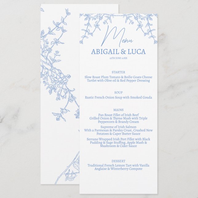Blue Chinoiserie Toile de Jouy Wedding  Menu (Front/Back)