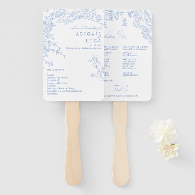 Blue Chinoiserie Toile de Jouy Wedding Program Hand Fan (Front and Back)