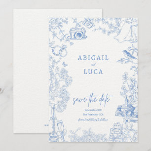 Blue Chinoiserie Toile de Jouy Wedding Save Date Invitation