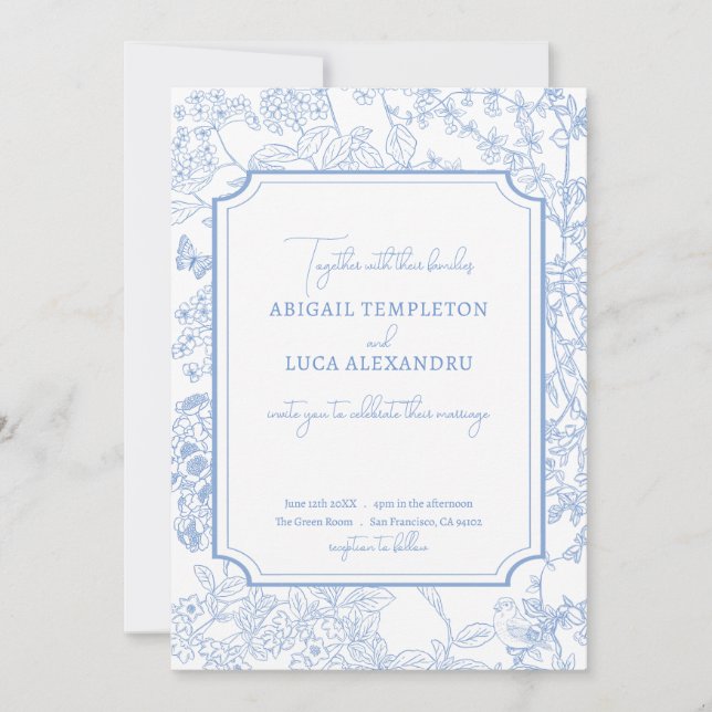 Blue Chinoiserie Toile de Jouy Wedding Save Date Invitation (Front)