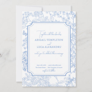 Blue Chinoiserie Toile de Jouy Wedding Save Date Invitation