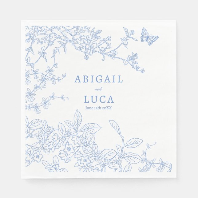 Blue Chinoiserie Toile de Jouy Wedding Save Date Napkin (Front)