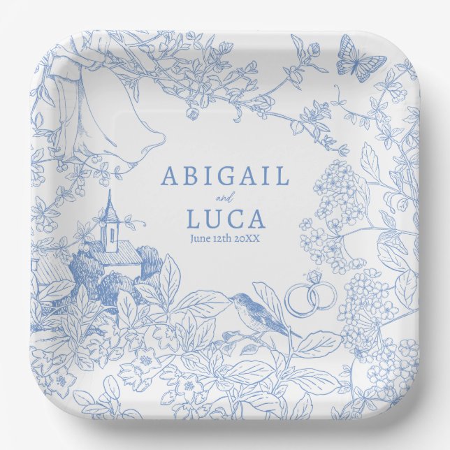 Blue Chinoiserie Toile de Jouy Wedding Save Date Paper Plate (Front)