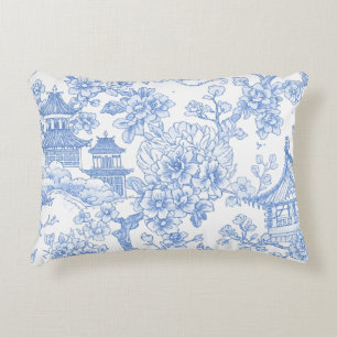Blue Chinoiserie Toile Dragon Cherry Blossom Accent Pillow
