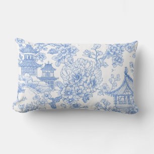 Blue Chinoiserie Toile Dragon Cherry Blossom Lumbar Pillow