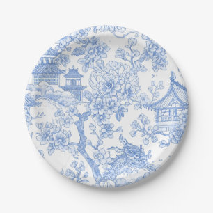 Blue Chinoiserie Toile Dragon Cherry Blossom Paper Plate