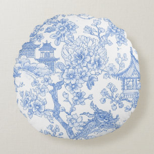 Blue Chinoiserie Toile Dragon Cherry Blossom Round Pillow
