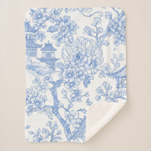 Blue Chinoiserie Toile Dragon Cherry Blossom Sherpa Blanket