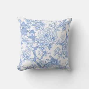 Blue Chinoiserie Toile Dragon Cherry Blossom Throw Pillow