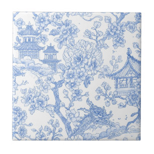 Blue Chinoiserie Toile Dragon Cherry Blossom Tile