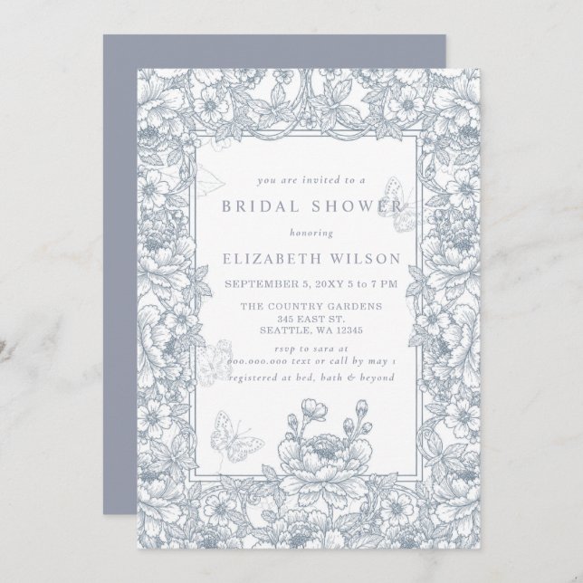 Blue Chinoiserie Toile Floral Bridal Shower Invitation (Front/Back)