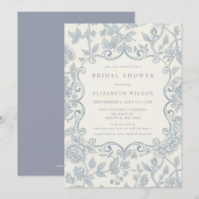 Blue Chinoiserie Toile Floral Bridal Shower Invitation (Front/Back)