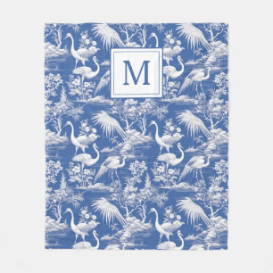 Blue Chinoiserie Toile Pattern Monogram Fleece Blanket