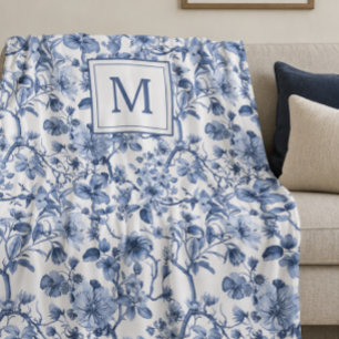 Blue Chinoiserie Toile Pattern Monogram Fleece Blanket