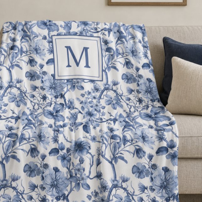 Blue Chinoiserie Toile Pattern Monogram Fleece Blanket (Creator Uploaded)