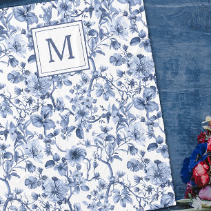 Blue Chinoiserie Toile Pattern Monogram Fleece Blanket